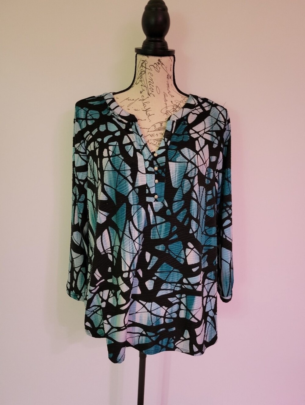 Dana Buchman Vintage Teal And Black Abstract Print Henley Blouse